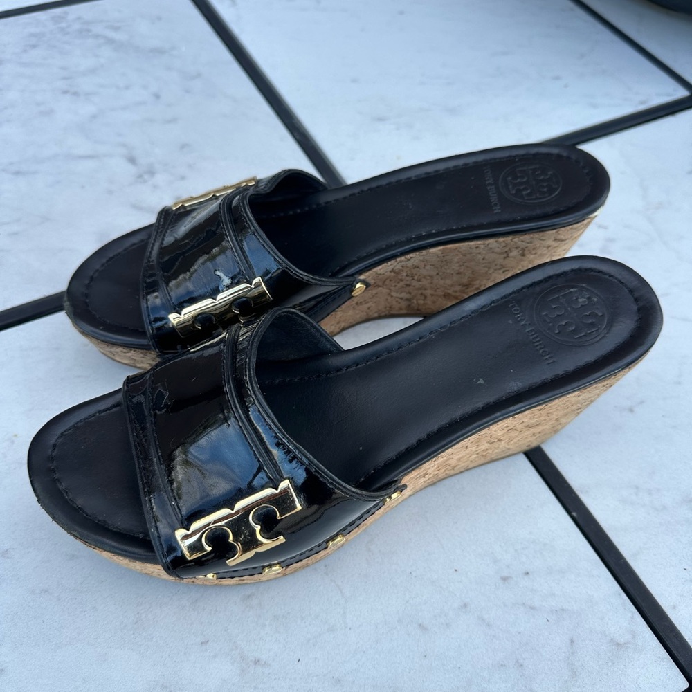 Tory Burch Black Patent cork Wedge Slides women’s shoes size 10